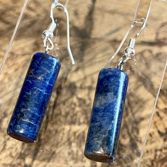 Tubular Deep Navy Sodalite Earrings 1 1/2” - Picture 5 of 10